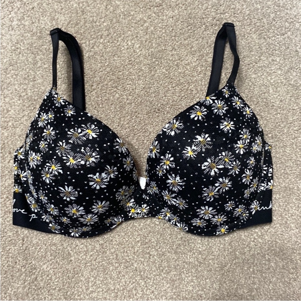 Victoria’s Secret Pink Black Floral Lace Cup Push Up Bra Size 32 DD